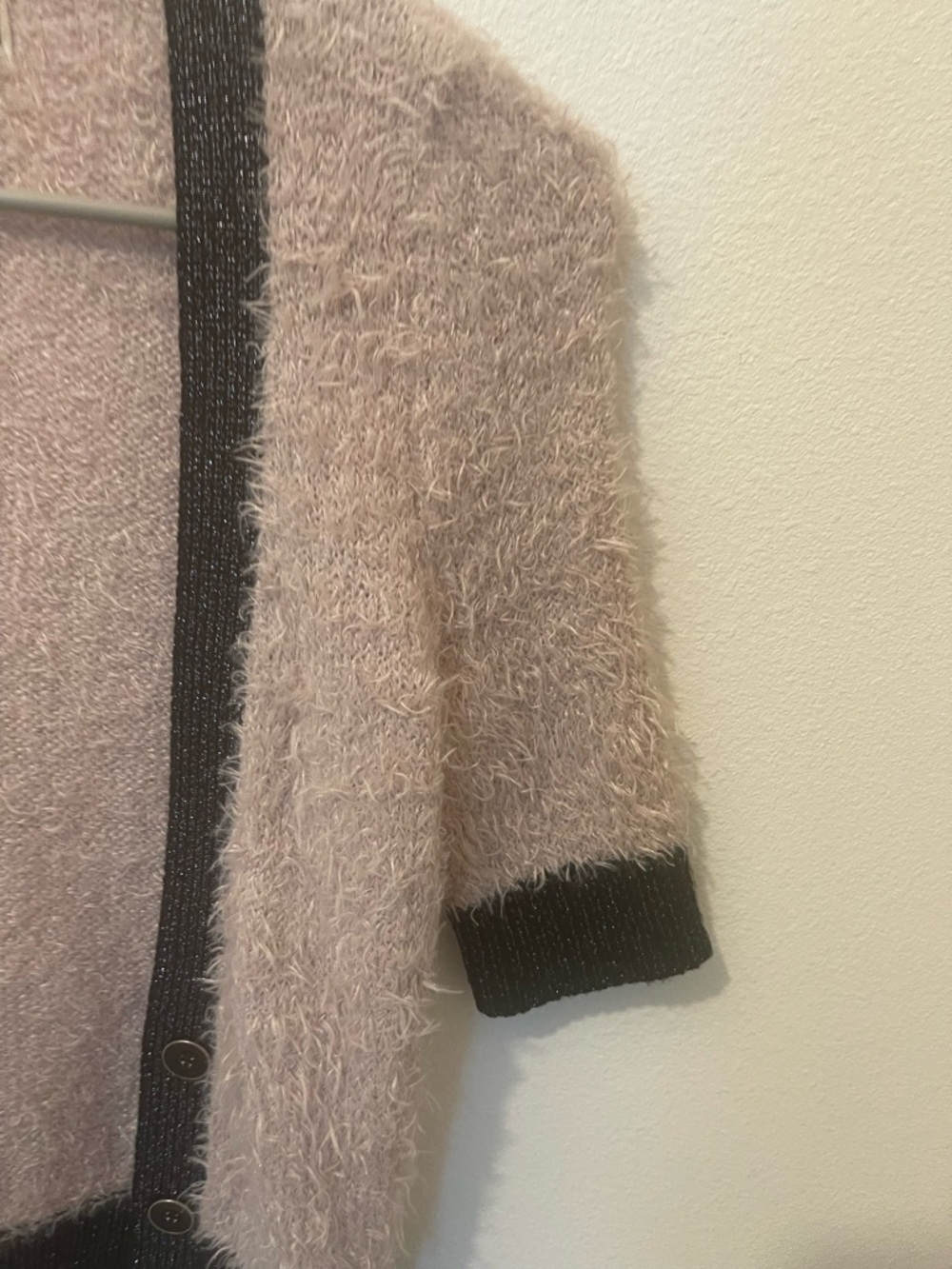 Decree Fuzzy Short-Sleeve Cardigan in Taupe with Black Trim - Picture 5 of 6